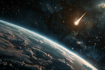 a huge meteorite flies to planet earth