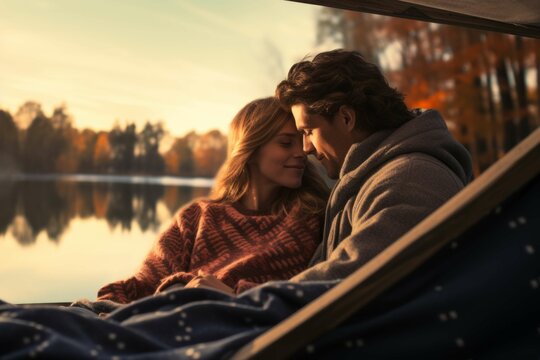 Couple enjoying a romantic boat ride on a peaceful lake