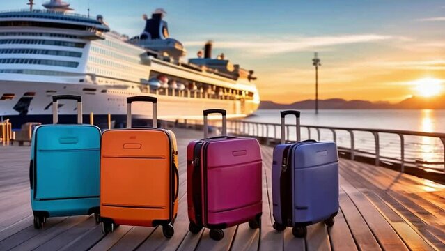 Bag suitcase standing in port in front of cruise ship liner.