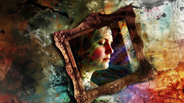An artistic portrait of a woman's profile is cast in vibrant colors, captured within an ornate grunge-style frame
