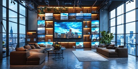 Multimedia video wall showcasing a range of images. Generative Ai