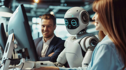 Selective focus of smiling woman looking at robot working with colleague in office