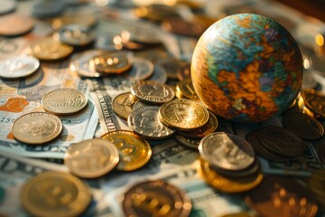 Global finances concept with coins and world map