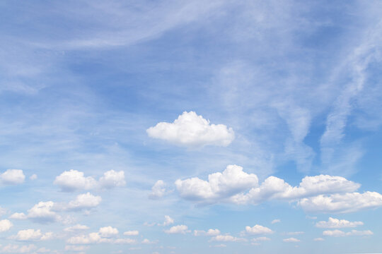 Beautiful epic soft gentle blue sky with white cirrus and fluffy clouds background texture