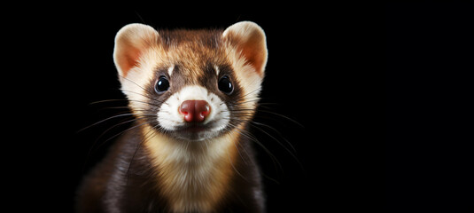 Ferret portrait against black background with copy space, web header or advertisement banner