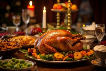 Traditional Thanksgiving feast with a beautifully roasted turkey as the centerpiece.
