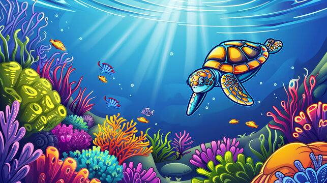 Bright colorful undersea landscape, vibrant coral, fish and turtle swimming underwater. World ocean day concept.