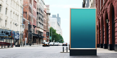 Big mockup blank empty banner standing on street in city. Advertisement template. Full of copy negative space.