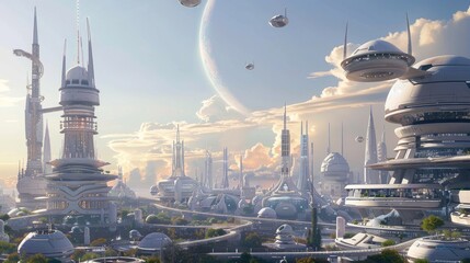 A futuristic city powered by nanotechnology with buildings coated in energy-generating materials - obrazy, fototapety, plakaty