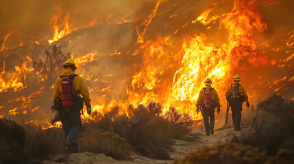 Fototapeta premium Fire crews battle wildfires amid sweltering weather