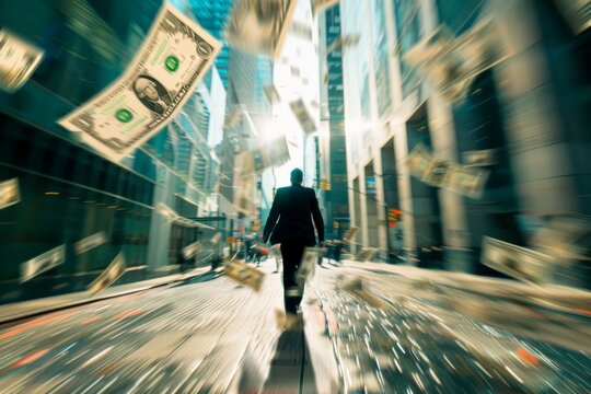 Businessman on city street with dollars in motion