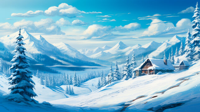 a snowy mountain scene with a lake and trees