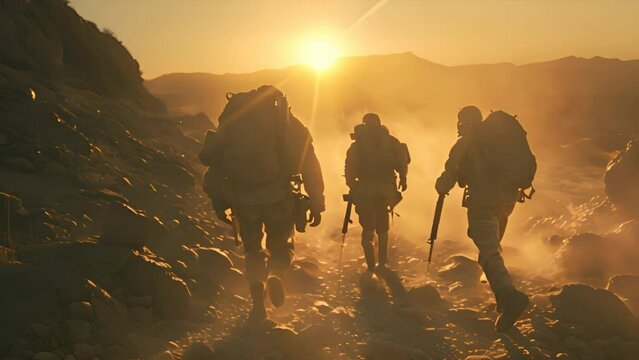 Dusk Defenders: Slow Motion Capture of Three Soldiers Ready for Action in Desert Landscape