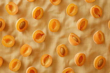 Fresh apricots arranged in a decorative pattern on a tablecloth, half whole and half cut in halves