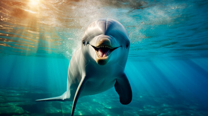 a dolphin with its mouth open in the water