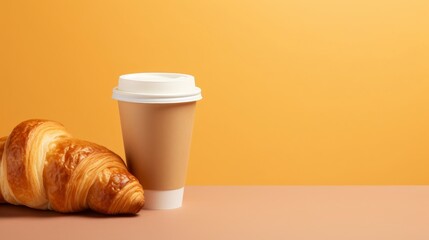 Coffee to go and croissant on plain background.