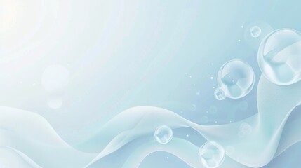 Soft blue abstract background with transparent bubbles and wavy lines. Tranquil blue waves and spheres on abstract design wallpaper.