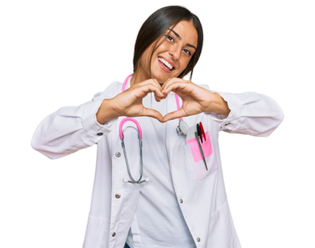 Beautiful hispanic woman wearing doctor uniform and stethoscope smiling in love doing heart symbol shape with hands. romantic concept.