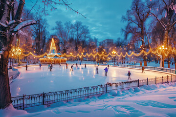 beautiful evening winter ice skating rink in the city