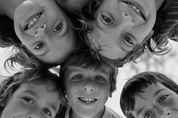 Group of children looking down into camera, Generative AI