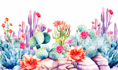 A colorful arrangement of cacti and flowers. - obrazy, fototapety, plakaty