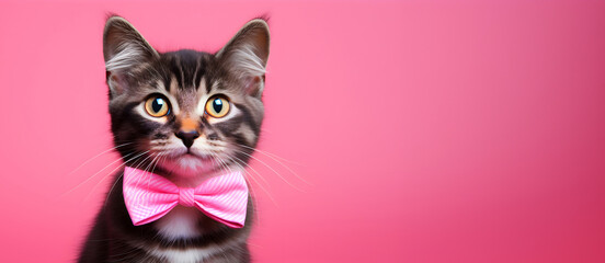 Domestic kitten with pink bow looks straight at camera, vibrant rose background with copy space, invitation or card template
