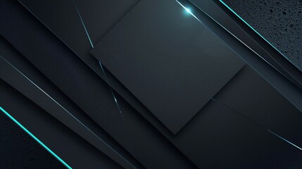 Matte black surfaces intersected by blue neon glow for an abstract design. Three-dimensional dark backdrop with bright neon accents. Modern abstract art with a tech edge and neon highlights. - obrazy, fototapety, plakaty