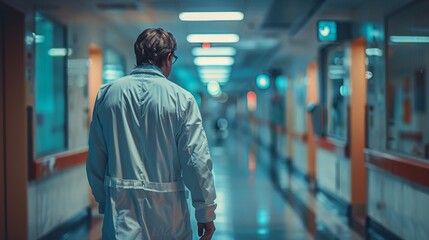 Healthcare professional in blue scrubs walking through hospital hallway. Dedicated medical staff in clinical setting. Doctor on duty in hospital corridor depicting the urgency of medical care.