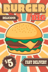 vector illustration, fast food hamburger retro poster template, with vintage colorful