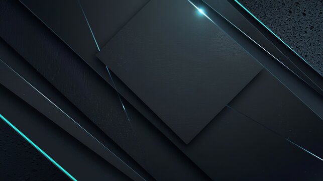 Matte black surfaces intersected by blue neon glow for an abstract design. Three-dimensional dark backdrop with bright neon accents. Modern abstract art with a tech edge and neon highlights.