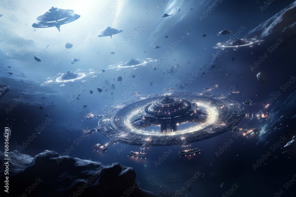Wall mural spaceships exploring mysterious uncharted region of space