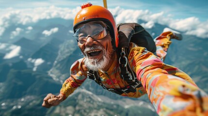 Exhilarated senior skydiving in bright attire over mountainous terrain. Energetic older man with orange helmet skydives, mountains beneath. Thrilled elderly skydiver against mountains and clear skies.