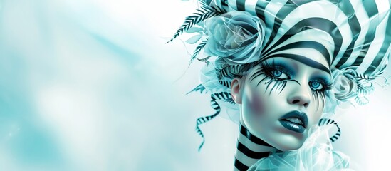 Avant-garde styled portrait female model surreal, striped headwear, makeup, fashion concept, copy space.
