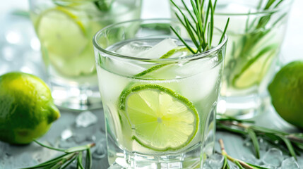 Fresh lemonade with organic lemons, rosemary and ice in a glass. - obrazy, fototapety, plakaty