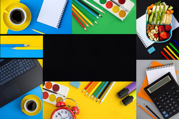 Collage of school stationery on the black background. Copy space. Close-up.