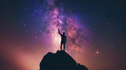 Silhouette of a man standing on top of a mountain and looking at the milky way