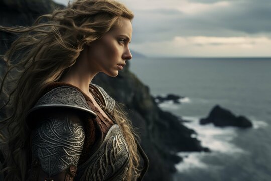 Viking shieldmaiden on a rocky cliff by the ocean