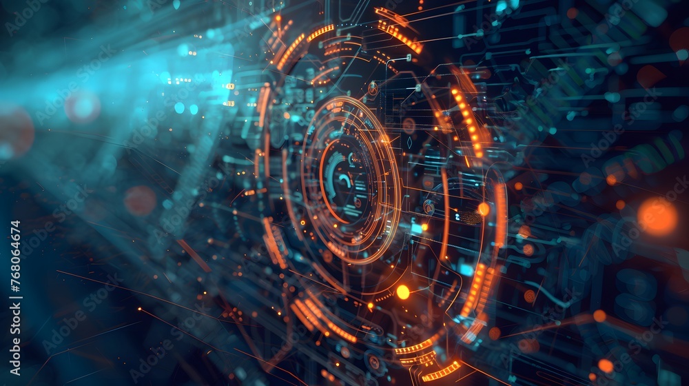 Poster a computer screen with a blue background and orange and blue circles. the circles are connected and 