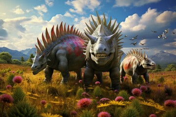 Stegosaurus family grazing in a prehistoric meadow