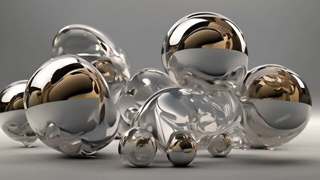 A collection of glossy metallic and clear spheres with reflections and refractions on a neutral grey surface, depicting concepts of unity and diversity. Animation