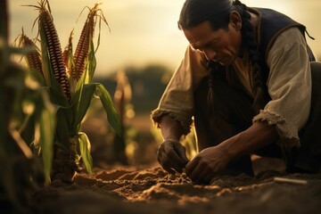 Aztec farmer tending to crops in fertile field