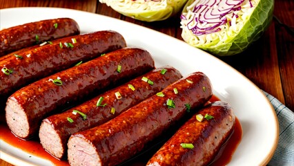Fried sausages on a plate.