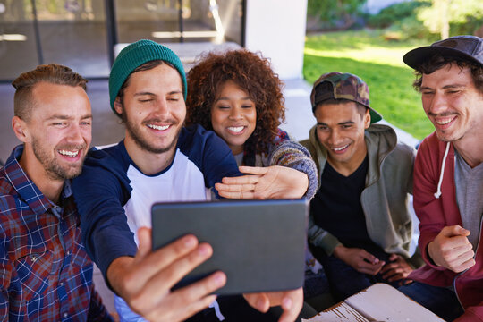 Selfie, friends and tablet for picture and social media for online and fun in garden or backyard for reunion or meetup. Diverse people or group and enjoy with tech for memories and post on app