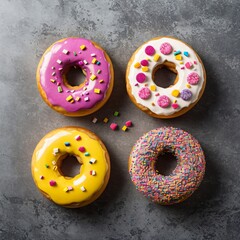 Glazed doughnuts on a marble table. Delicious dessert, pastries.