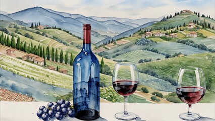 A bottle of red wine and two glasses on the background of a mountain landscape.