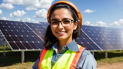 A young girl in a hard hat on the background of solar panels.