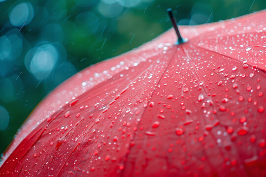 Close-up photo of red umbrella showing a large number of raindrops. Umbrella helps you shelter from bad weather and stand out stylishly in such weather.