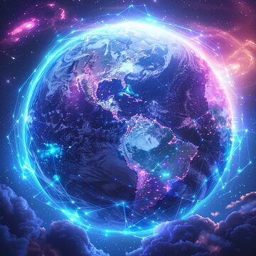 A dramatic rendering of the Earth, with a dynamic array of blockchain links encasing the planet in a web of data and communication, set against a white background to capture the transformative power o