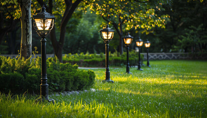 decorative street lamps-pillars on a green lawn