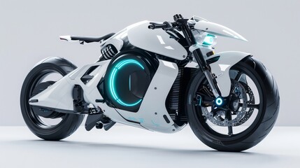 A futuristic electric motorcycle with black wheels and a white body featuring an all white background 
